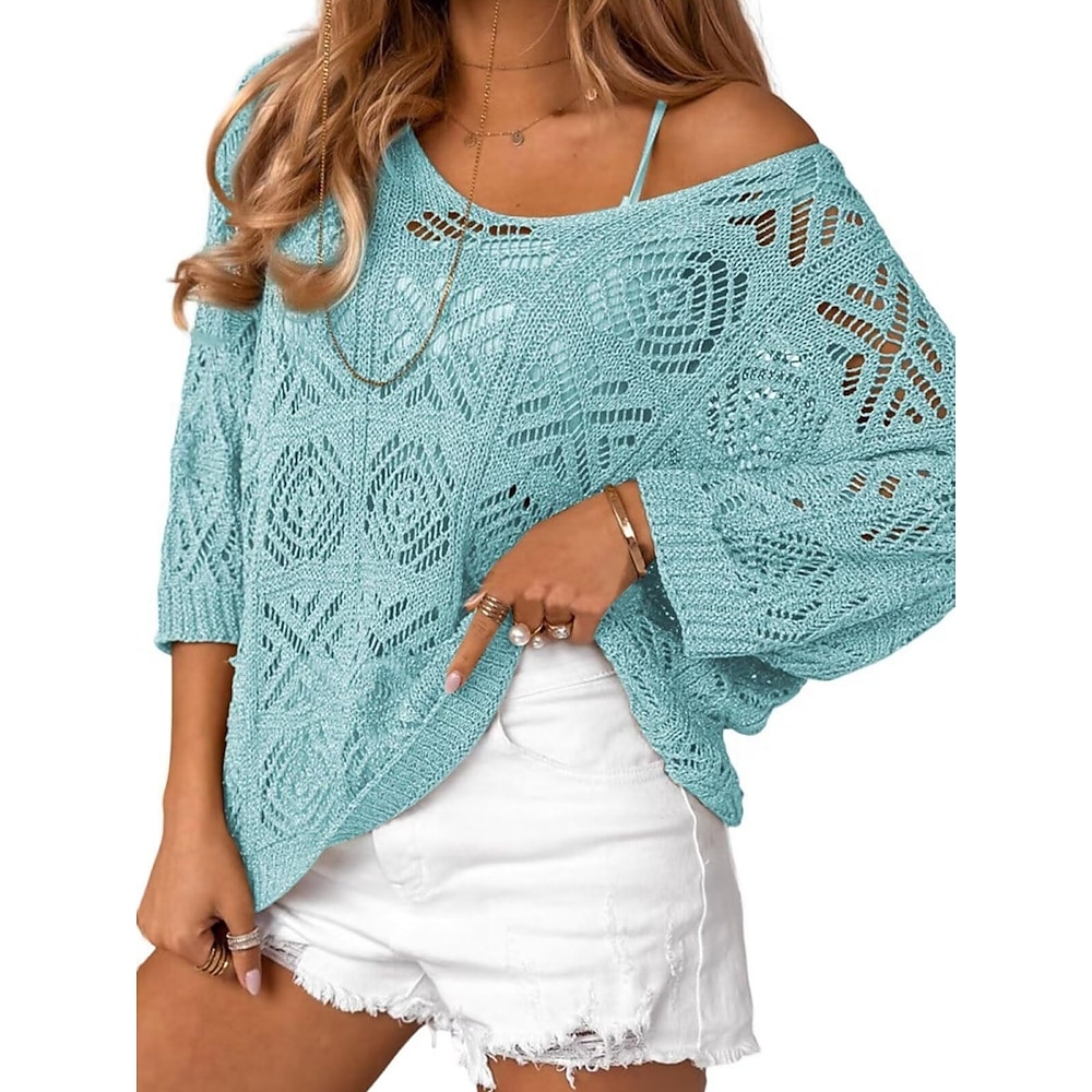 Damen Pullover Brautkleider schlicht Weich Einfarbig Gerippt V Ausschnitt Strick Loch 3/4 Ärmel Normale Oberteile Stricken Outdoor Täglich Wochenende Grün Leicht Blau Sommer Frühling Lightinthebox