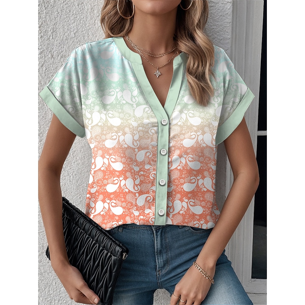 Damen Hemd Bluse Modern Brautkleider schlicht Paisley-Muster Normale Oberteile Kurzarm Gekerbter Hals Knopf Bedruckt Regular Fit Arbeit Täglich Grün Sommer Frühling Lightinthebox