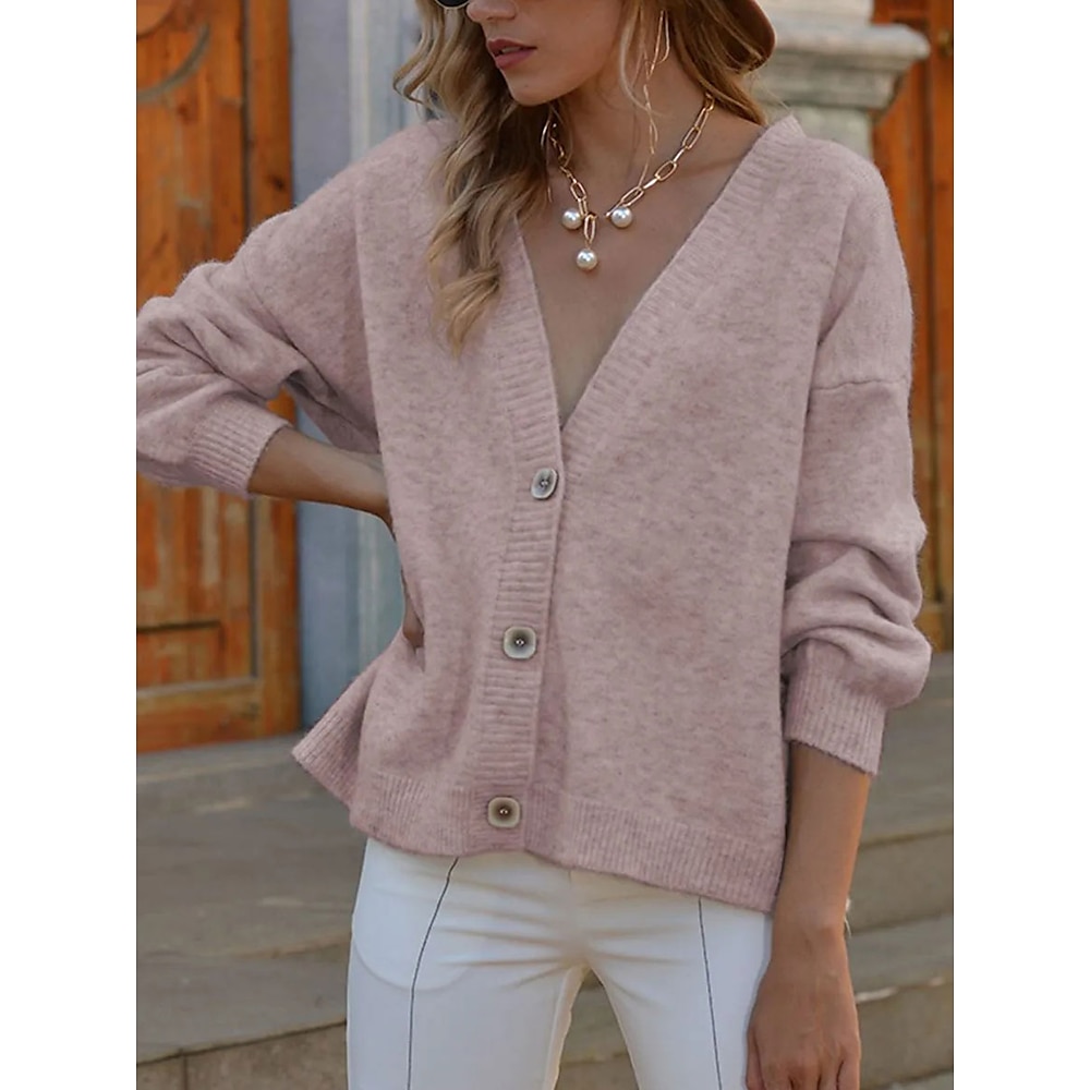 Damen Pullover Strickjacke Elegant Modisch Strassenmode Einfarbig V Ausschnitt Knopf Strick Langarm Normale Oberteile Stricken Outdoor Täglich Festtage Gelb Rosa Herbst Winter Lightinthebox