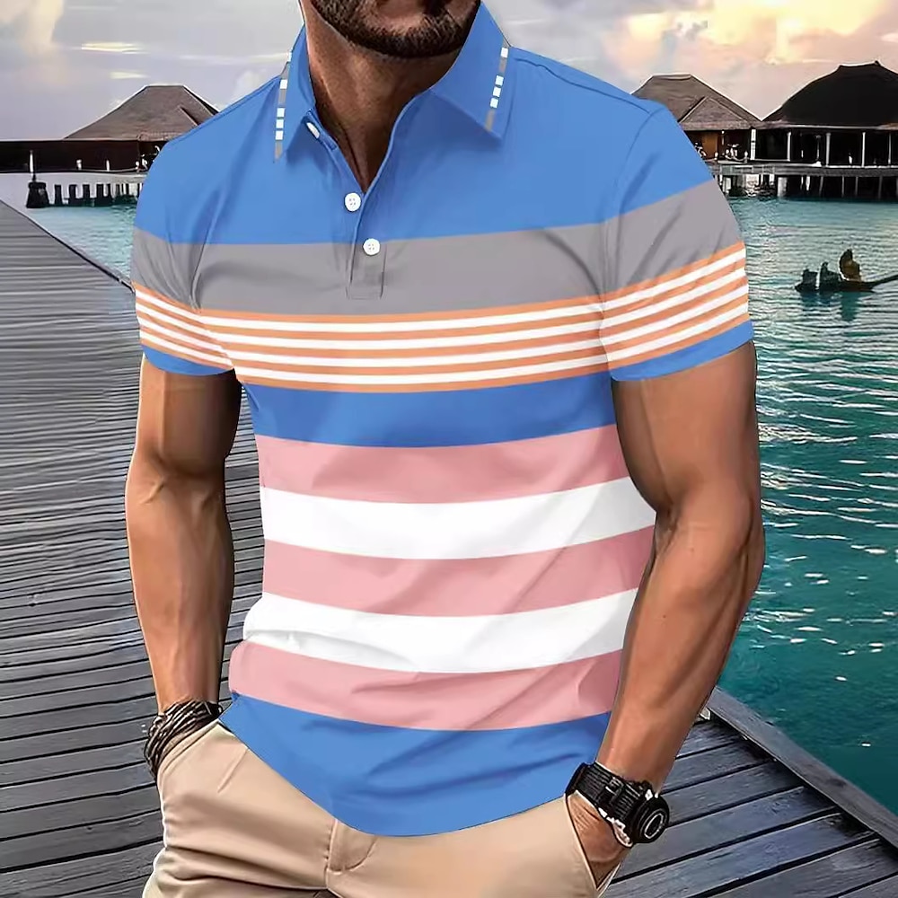 Herren Polo Business-Polo Geschäft Casual Kargen Klassisch Kurzarm Farbblock Streifen Knopf Sommer Frühling Herbst Blau Polo Lightinthebox