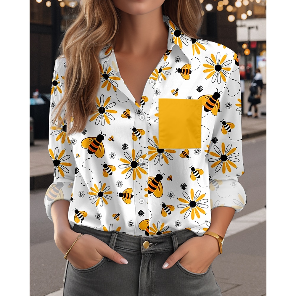 Damen Hemd Bluse Modern Brautkleider schlicht Biene Normale Oberteile Langarm Hemdkragen Knopf Bedruckt Regular Fit Arbeit Täglich Gelb Frühling Herbst Lightinthebox