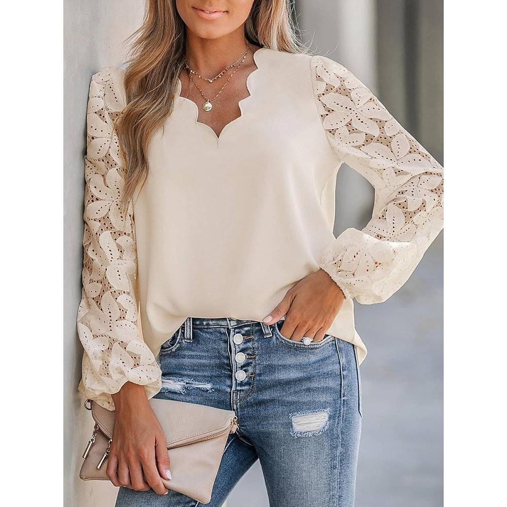 Damen Hemd Bluse Basic Brautkleider schlicht Feste Farbe Normale Oberteile Langarm V Ausschnitt Spitze Patchwork Regular Fit Täglich Marineblau Grün Beige Sommer Frühling Lightinthebox