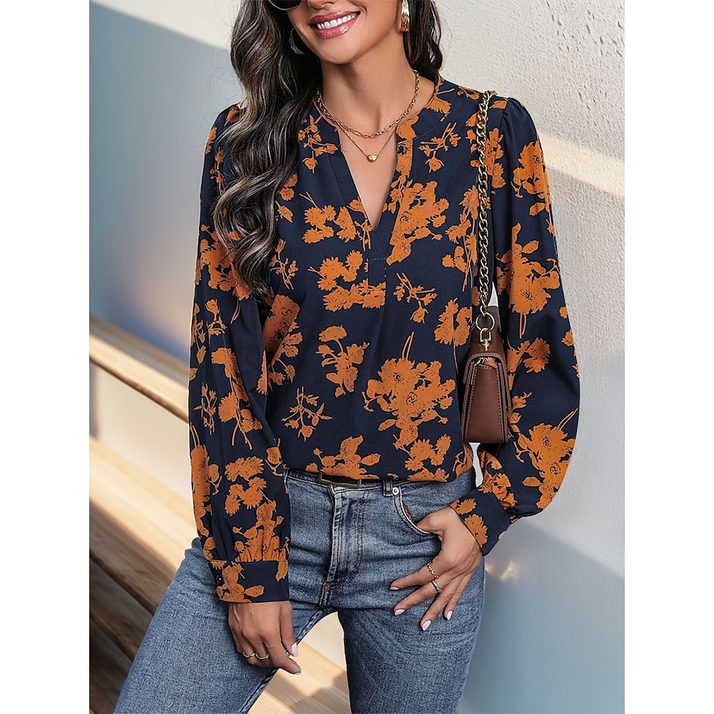 Damen Hemd Bluse Stilvoll Brautkleider schlicht Blumen Normale Oberteile Langarm Gekerbter Hals Bedruckt Regular Fit Täglich Marineblau Sommer Frühling Herbst Lightinthebox