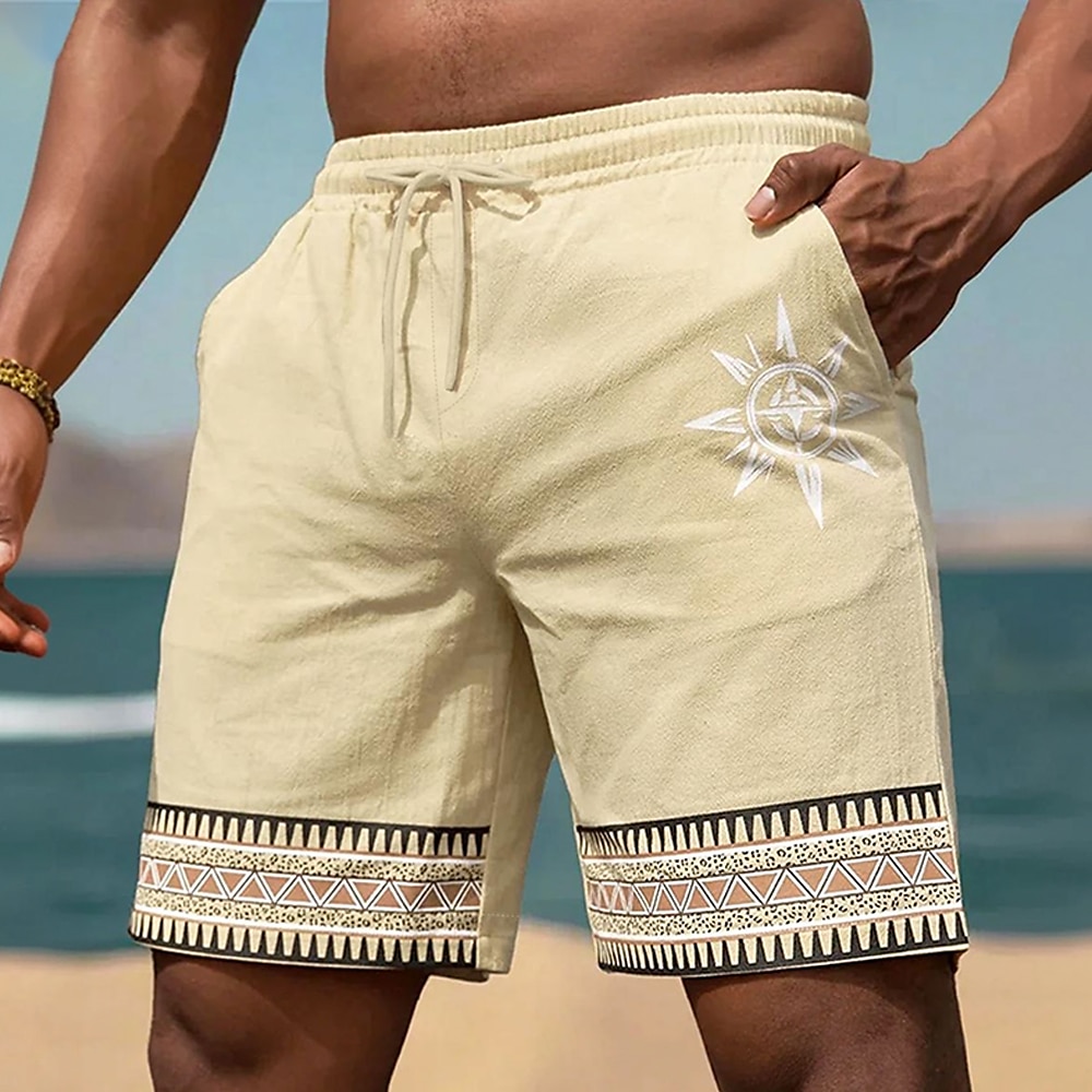 Herren Kokosnussbaum Geometrische Muster Shorts Kurze Hosen Shorts aus Baumwollleinen Lässige Shorts Mittlere Taillenlinie Ethnisch Vintage-Retro Outdoor Urlaub Alltagskleidung Kordelzug Elastische Lightinthebox