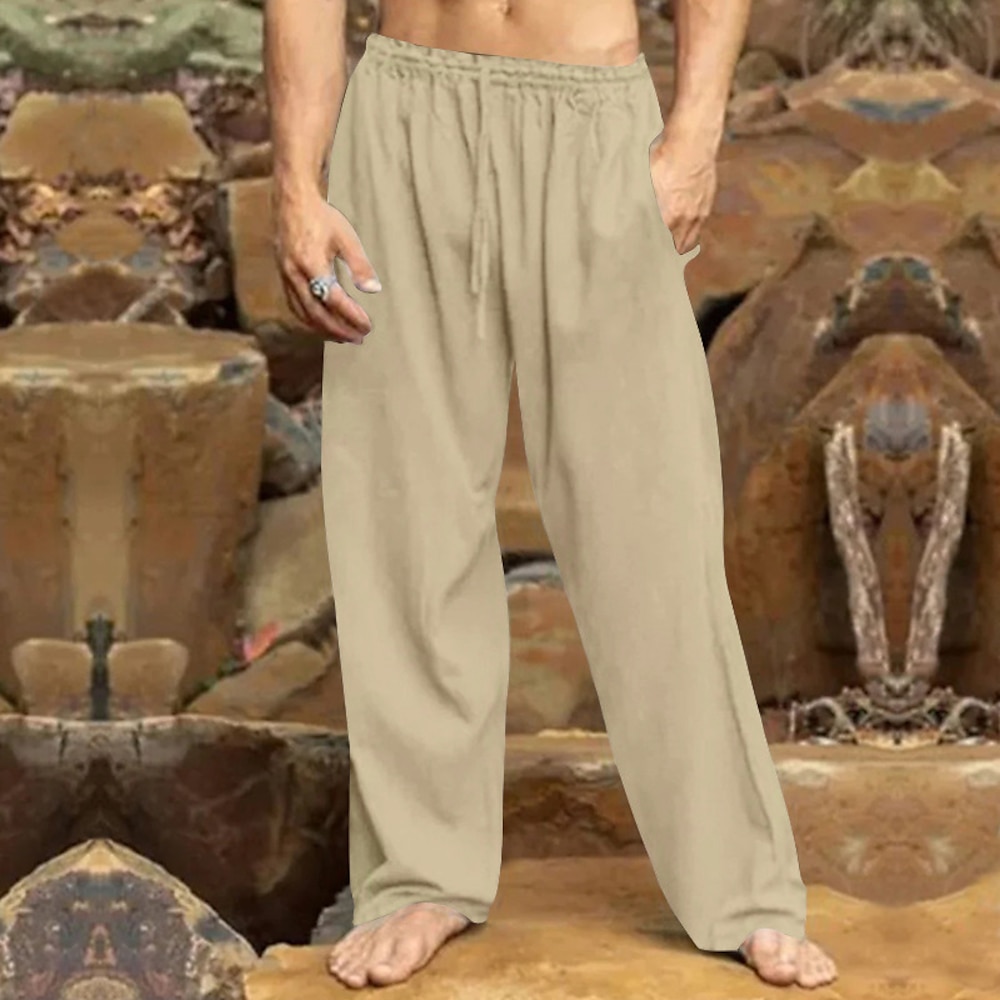 Herren Leinenhose Hose Hosen Sommerhosen Gazehose Kordelzug Elastische Taille Gerade geschnitten Glatt Komfort Atmungsaktiv In voller Länge Outdoor Täglich Festtage Strassenmode Retro Vintage Schwarz Lightinthebox