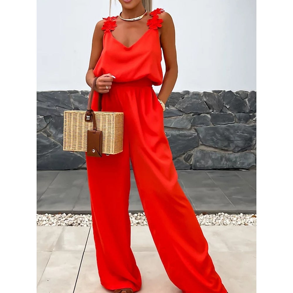 Damen Normal Jumpsuit Aktiv Feste Farbe Ärmellos V Ausschnitt Tasche Urlaub Täglich Regular Fit Schwarz Weiß Rote Sommer Lightinthebox