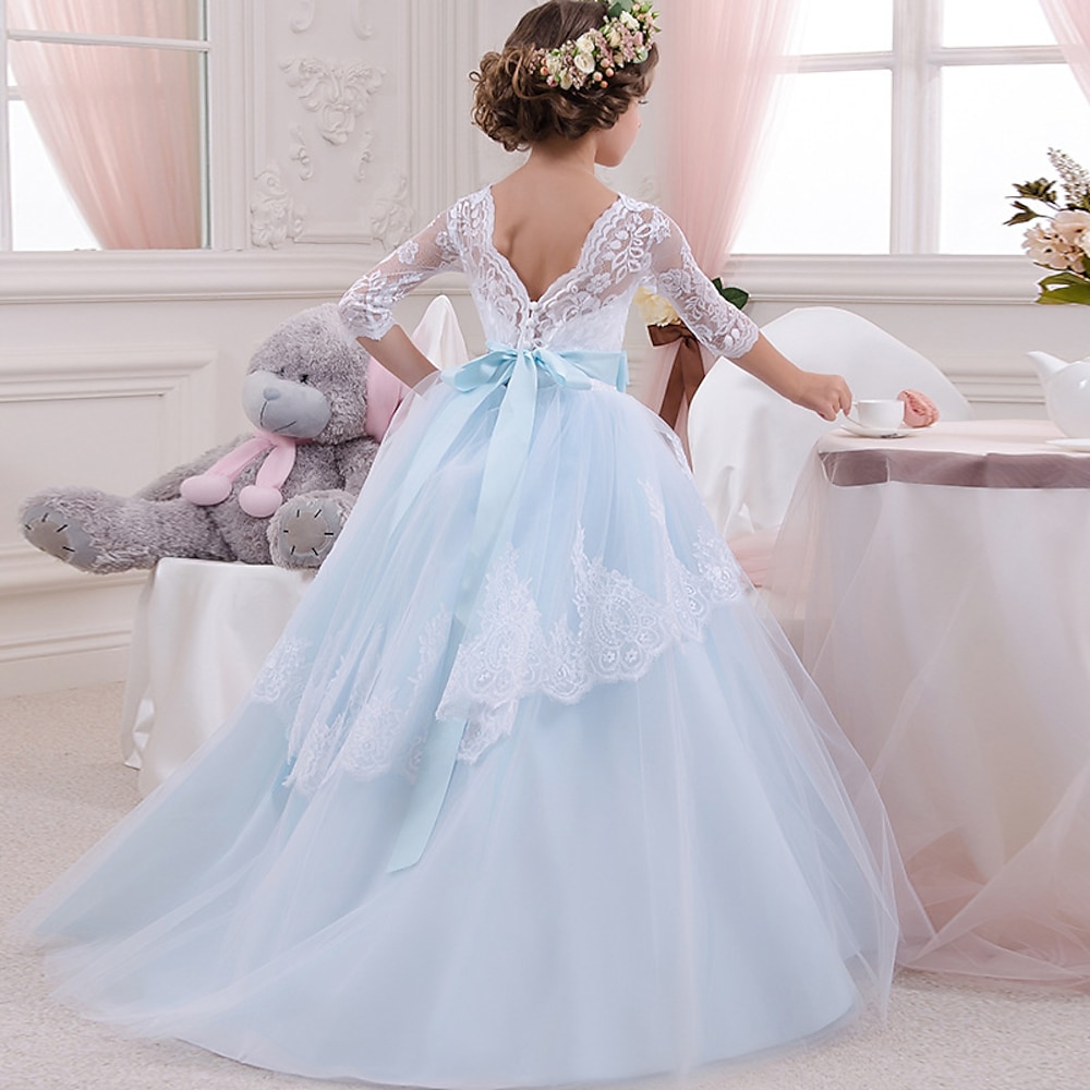 Blumenmädchenkleid Kinder Mädchen Prinzessinenkleid Leistung Hochzeit Party Elegant Schön Spitze Gitter Feste Farbe Halbe Ärmel V-Ausschnitt Blau 4 Jahre Lightinthebox