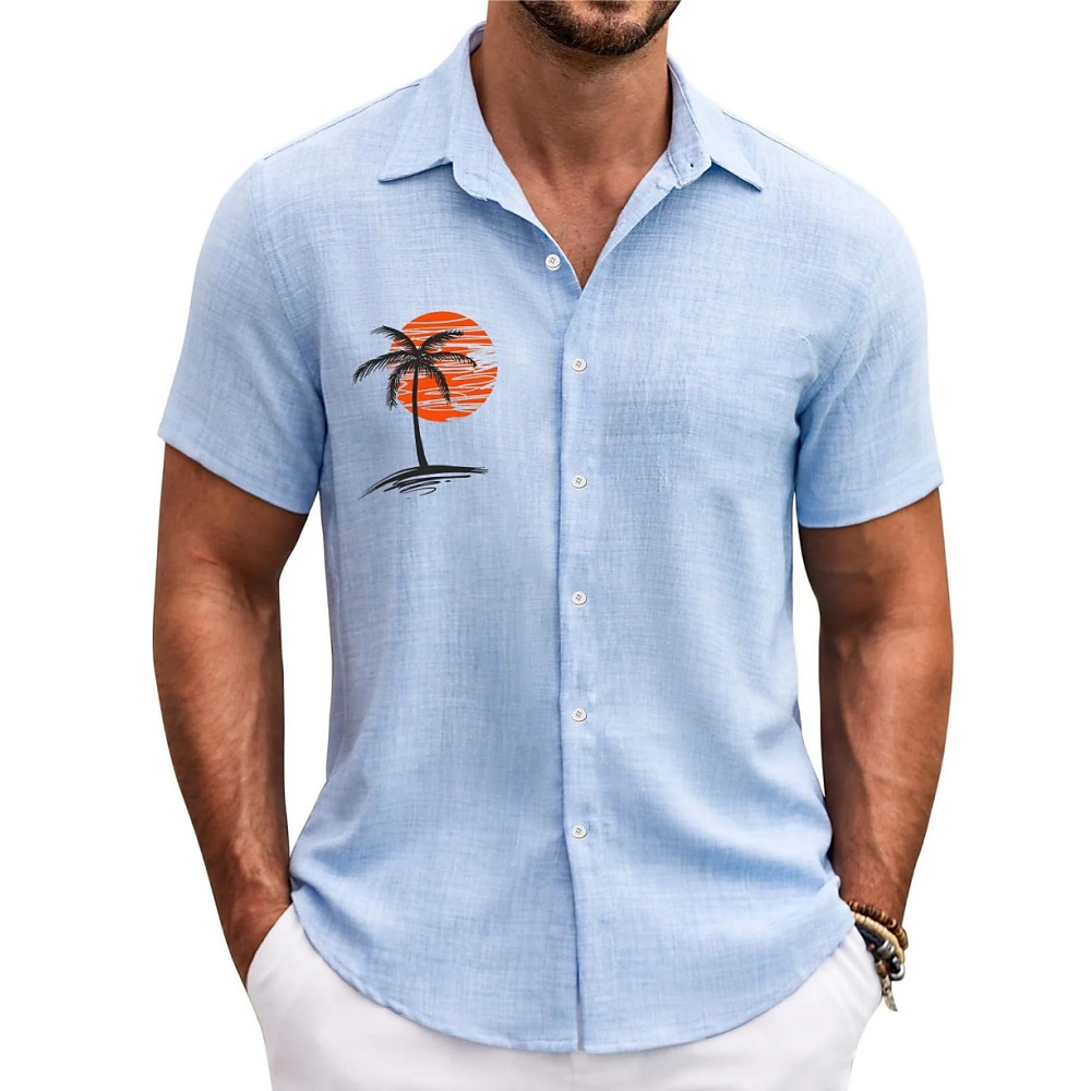 Herren Sonne Kokusnuss-Palme Lässiges Hemd Aloha-Shirt Kurzarm Hawaiianisch Resort Urlaub Casual Sommer Frühling Umlegekragen Knopf hoch Blau Lightinthebox