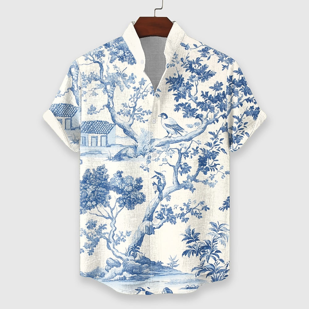 Herren Blumen Pflanzen Lässiges Hemd Aloha-Shirt Kurzarm Hawaiianisch Brautkleider schlicht Resort Urlaub Normal Casual Sommer Frühling Ständer Knopf Blau Lightinthebox