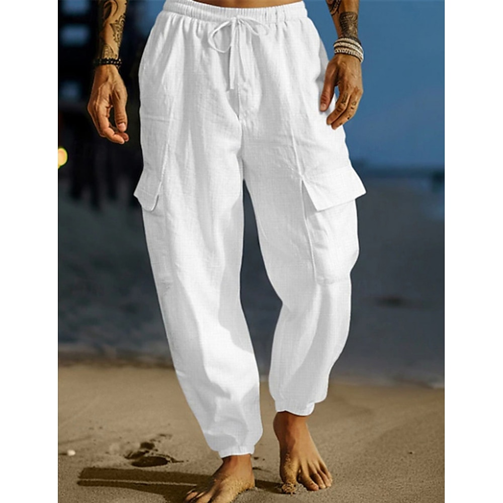 Herren Cargohose Leinenhose Sommerhosen Strandhose Kordelzug Elastische Taille Multi Pocket Glatt Komfort Atmungsaktiv In voller Länge Outdoor Täglich Festtage Urlaub Modisch Schwarz Weiß Lightinthebox