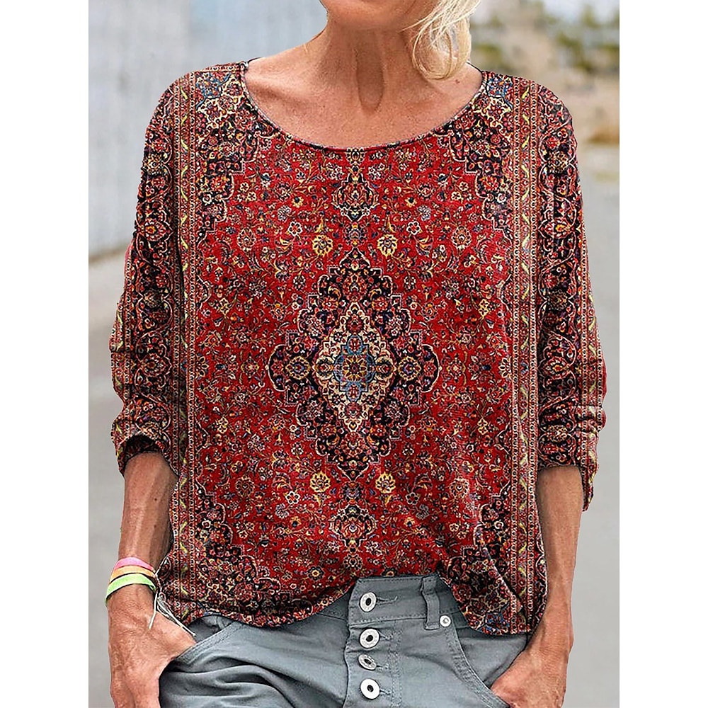 Damen Hemd Bluse Böhmen Retro Vintage Brautkleider schlicht Batik Normale Oberteile Langarm Rundhalsausschnitt Bedruckt Regular Fit Täglich Rosa Wein Regenbogen Frühling Herbst Lightinthebox