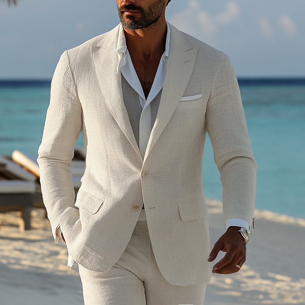 Hochzeits-Leinenanzüge für Herren am Strand Kentucky Derby Himmelblau Beige Einfarbig Pferderennen Taillierte Passform 2-teilig Einreiher Zwei-Knöpfe Lightinthebox