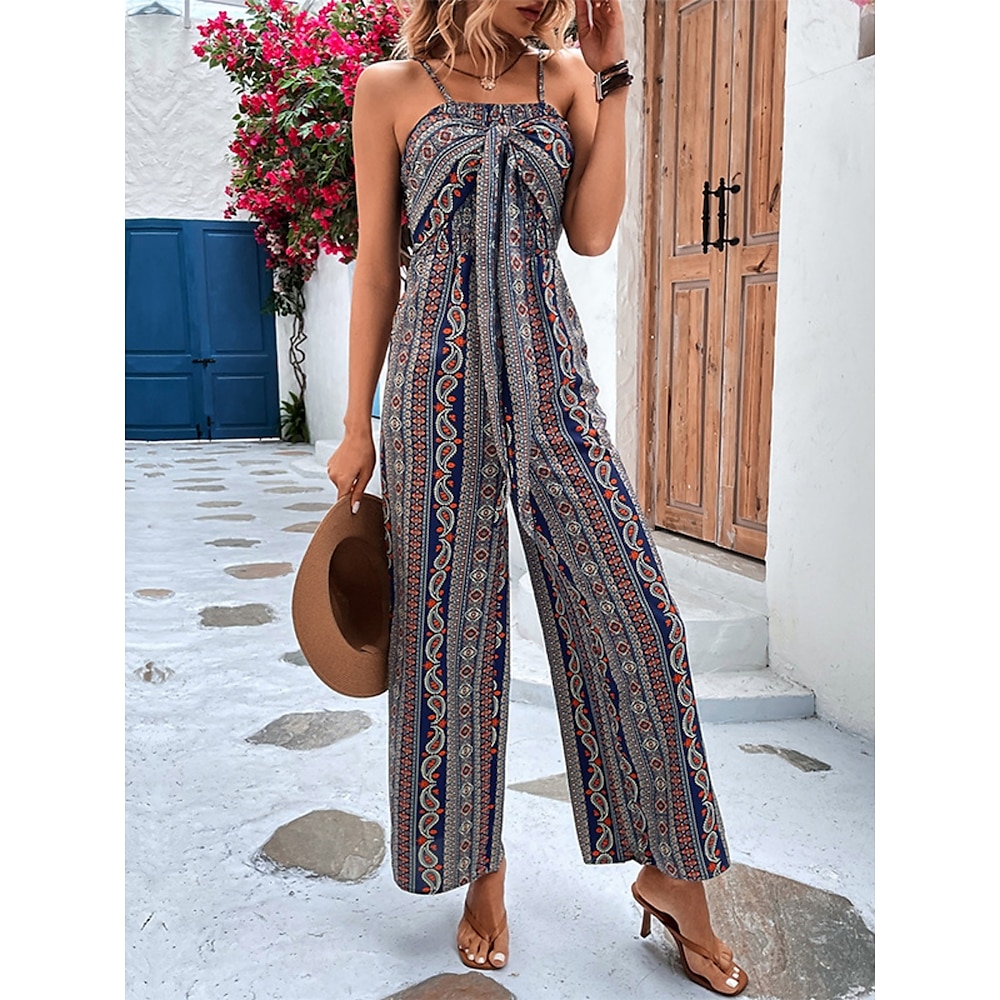 Damen Normal Jumpsuit Strassenmode Blumen Ärmellos V Ausschnitt Hohe Taillenlinie Urlaub Täglich Regular Fit Marineblau Sommer Lightinthebox