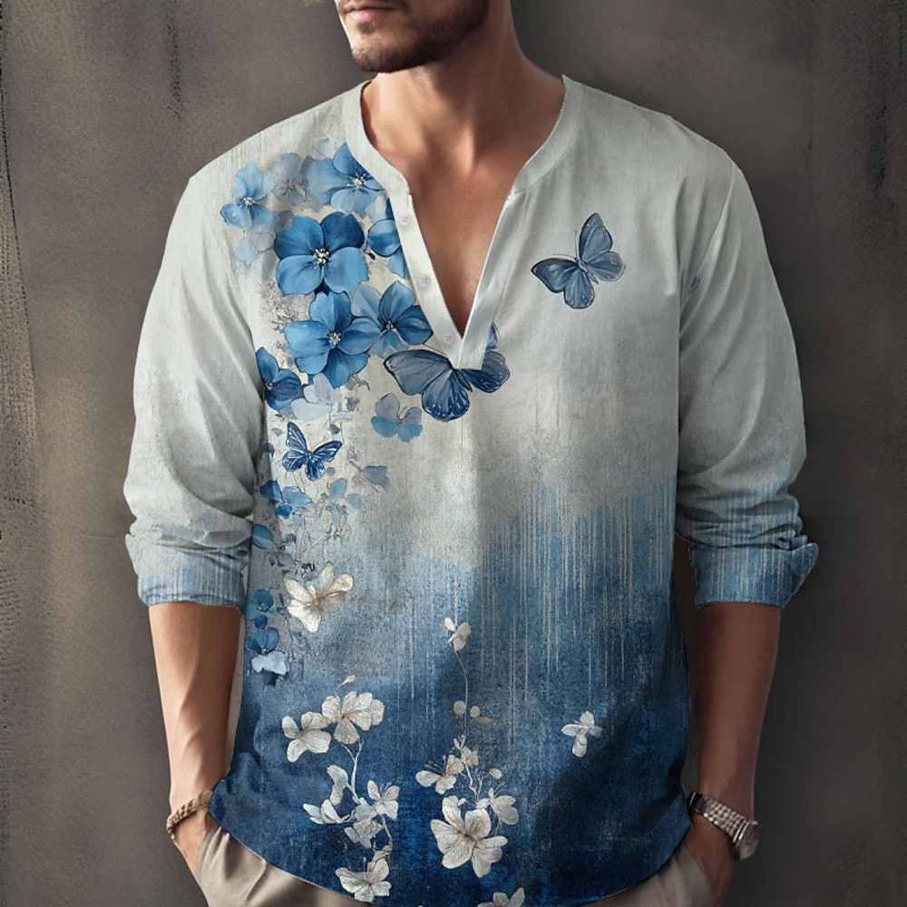 Herren Blumen Schmetterling Lässiges Hemd Aloha-Shirt Langarm Brautkleider schlicht Resort Casual Sommer Frühling V Ausschnitt V-Ausschnitt Blau Lightinthebox