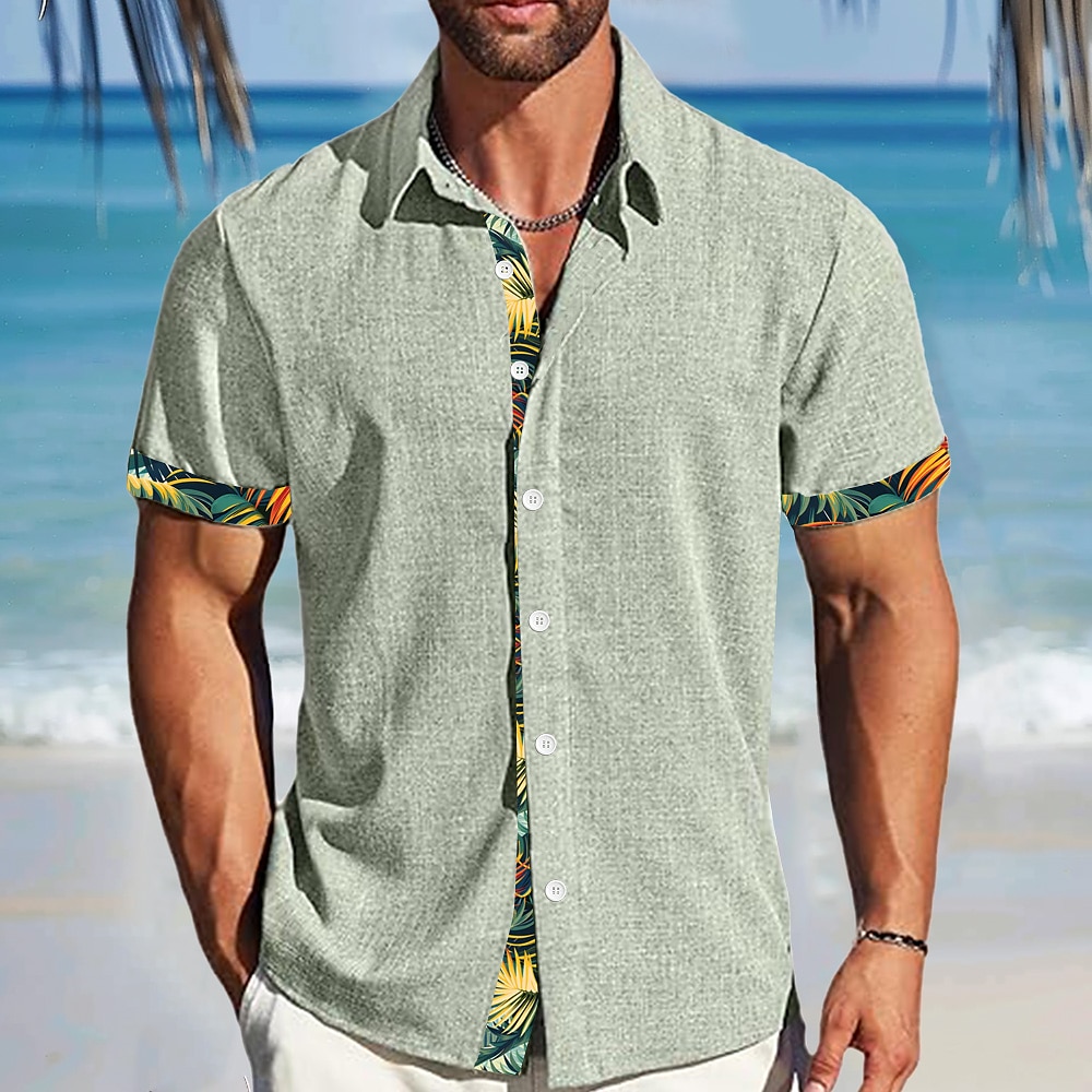 Herren Palmblatt Lässiges Hemd Aloha-Shirt Kurzarm Hawaiianisch Resort Urlaub Normal Casual Sommer Frühling Umlegekragen Knopf hoch Rosa Blau Grün Grau Lightinthebox