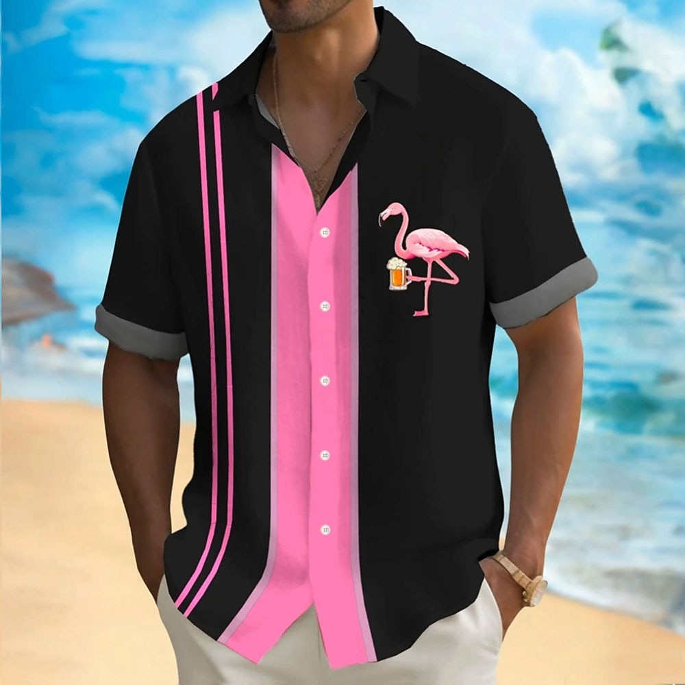 Herren Flamingo Bowling-Shirt Aloha-Shirt Kurzarm Hawaiianisch Resort Urlaub Casual Sommer Frühling Umlegekragen Knopf hoch Schwarz Weiß Lightinthebox