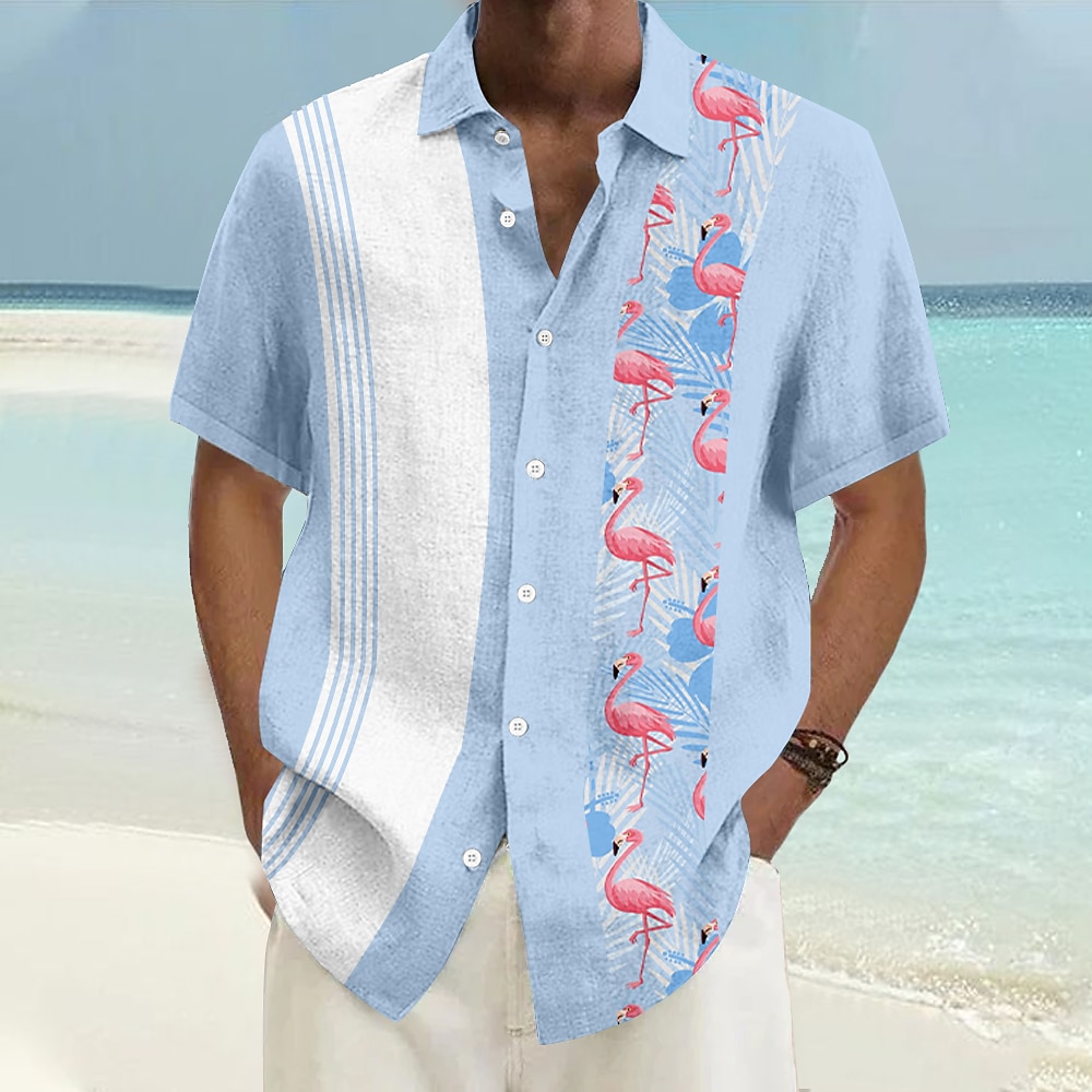 Herren Flamingo Lässiges Hemd Aloha-Shirt Kurzarm Hawaiianisch Brautkleider schlicht Resort Urlaub Casual Sommer Frühling Umlegekragen Knopf hoch Blau Lightinthebox