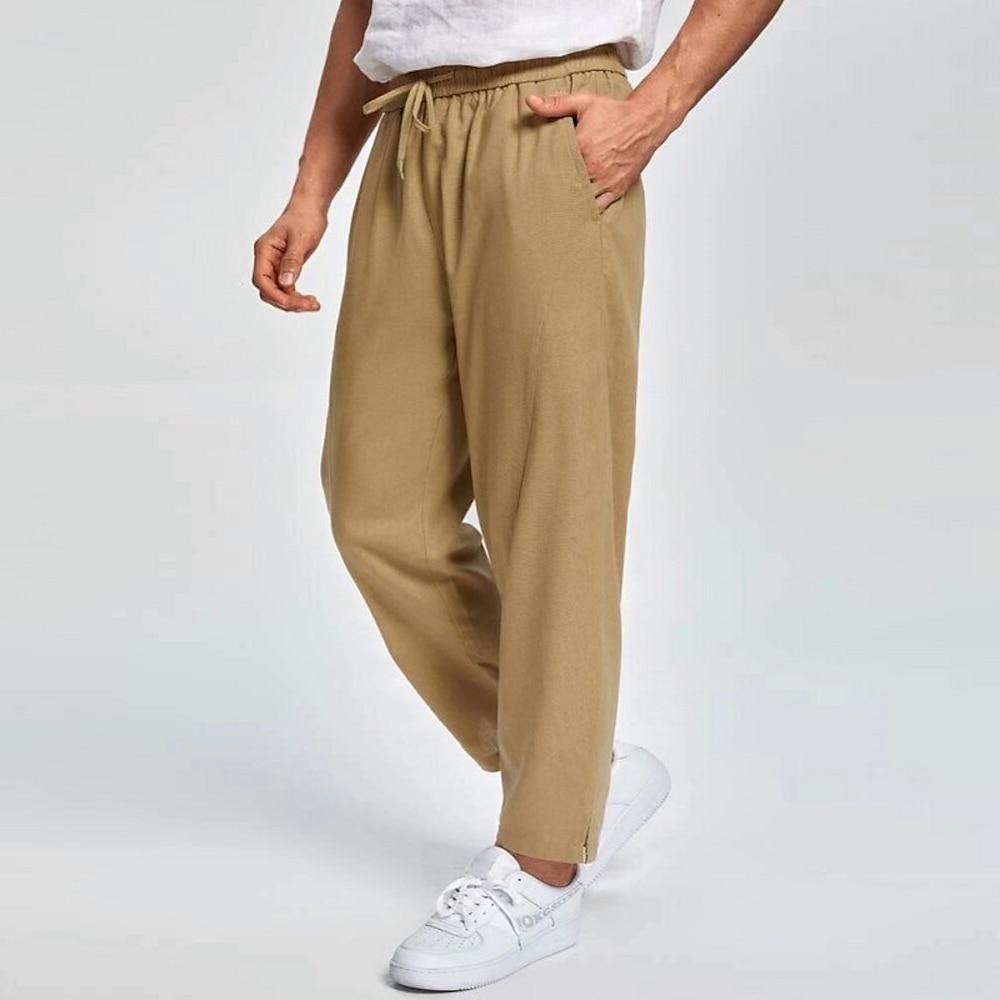 Herren Jogginghose Jogger Leinenhose Hose Hosen Sommerhosen Tasche Kordelzug Elastische Taille Glatt Komfort Atmungsaktiv In voller Länge Outdoor Casual Täglich Modisch Klassicher Stil Khaki Lightinthebox