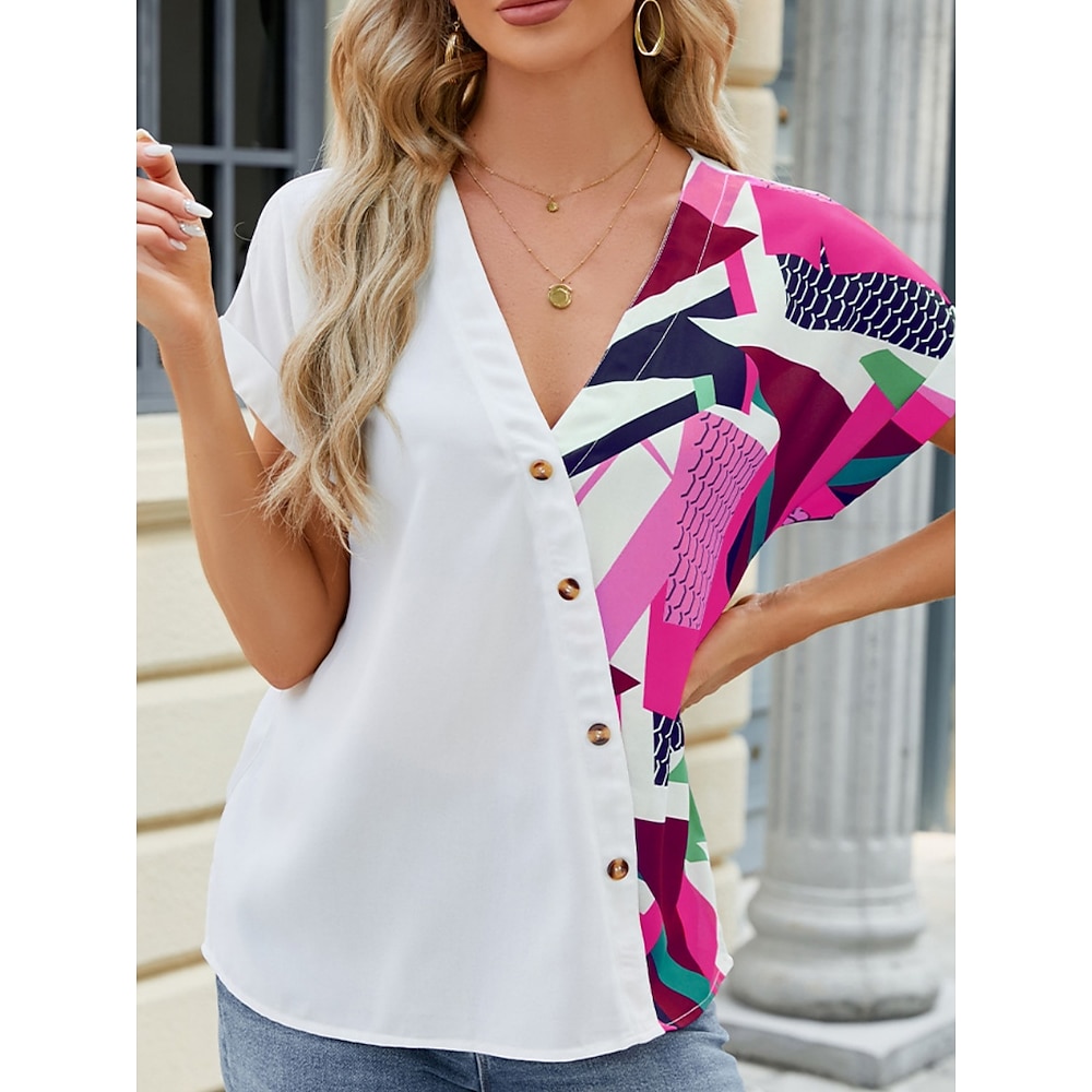 Damen Hemd Bluse Brautkleider schlicht Farbblock Normale Oberteile Kurzarm V Ausschnitt Patchwork Knopf Bedruckt Regular Fit Täglich Blau Fuchsie Grün Sommer Lightinthebox