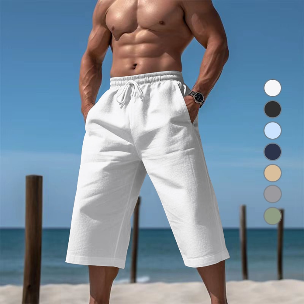 Herren Shorts Kurze Hosen Leinenshorts Kurze Hosen Strandshorts Kurze Hosen Caprihose Kordelzug Elastische Taille Glatt Komfort Atmungsaktiv Wadenlänge Outdoor Täglich Festtage Urlaub Brautkleider Lightinthebox