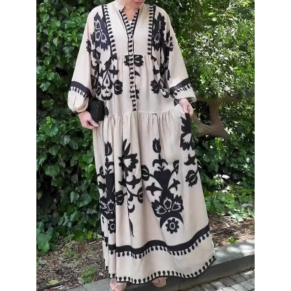 Damen Casual kleid Schaukelkleid Vintage Ethnisch Brautkleider schlicht Blumen Maxidress Langarm Gekerbter Hals Bedruckt Regular Fit Urlaub Täglich Schwarz Weiß Frühling Herbst Lightinthebox