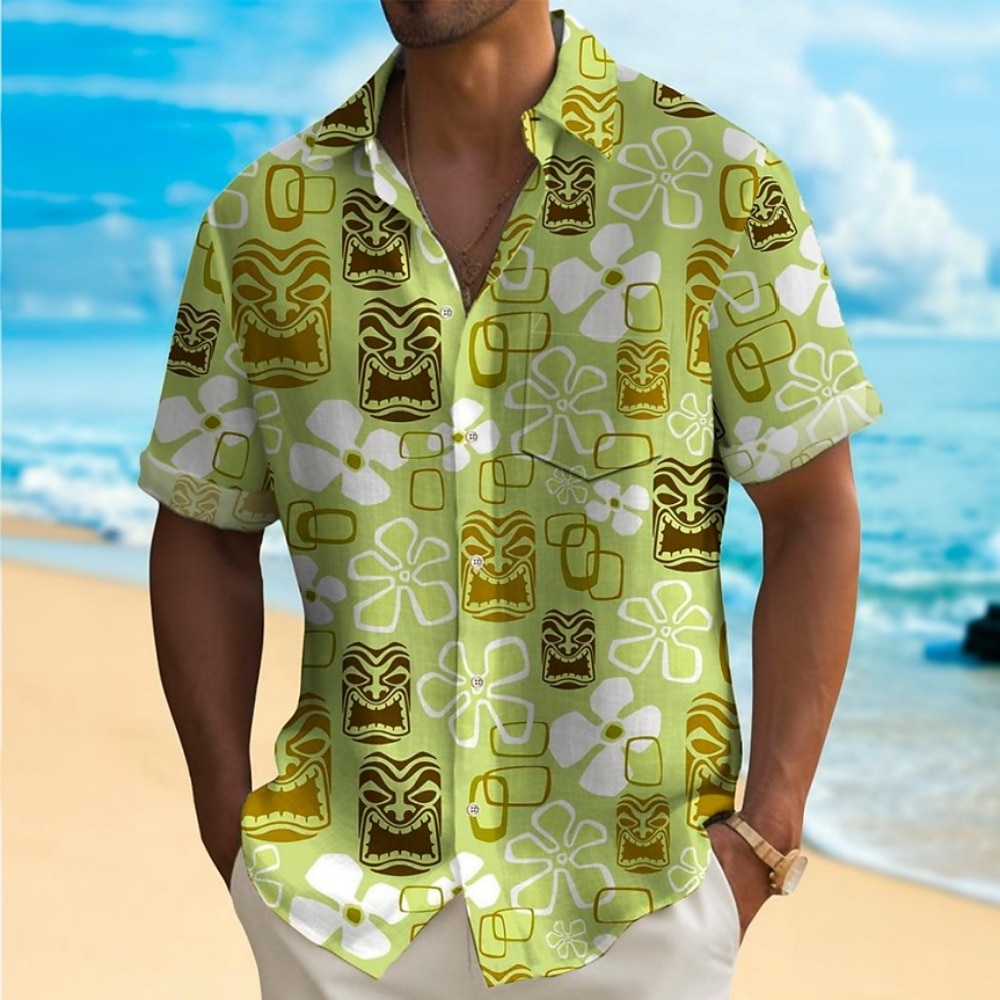 Herren Stammes Lässiges Hemd Aloha-Shirt Kurzarm Abstrakt Brautkleider schlicht Resort Urlaub Normal Casual Sommer Frühling Umlegekragen Knopf hoch Grün Lightinthebox