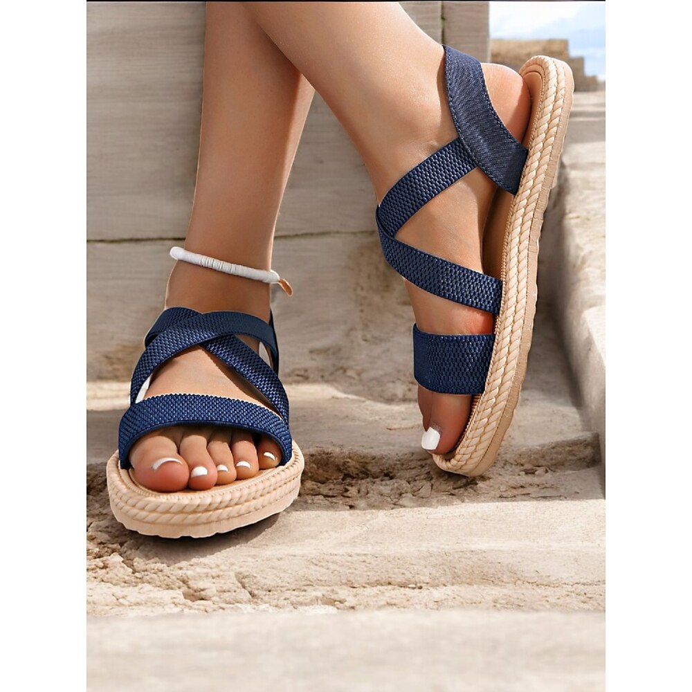 Marineblaue Sandalen mit Kreuzriemen für Damen, leichte und bequeme Ballerinas im Espadrille-Stil für den Strand im Sommer und die Freizeit Lightinthebox