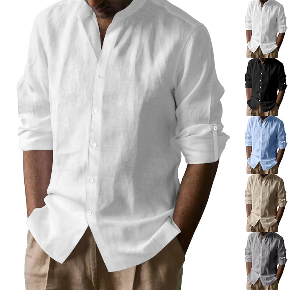 Herren Hemd leinenhemd Lässiges Hemd Knopfhemd Baumwoll-Shirt Glatt Urlaub Hawaiianisch Schwarz Weiß Khaki Grau Langarm Stehkragen Frühling Herbst Bekleidung Button-Down Lightinthebox