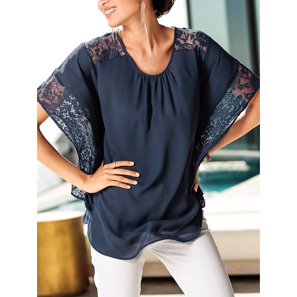 Damen Hemd Bluse Brautkleider schlicht Spitze 3/4 Ärmel Normale Oberteile Rundhalsausschnitt Täglich Rote Marineblau Sommer Frühling Lightinthebox