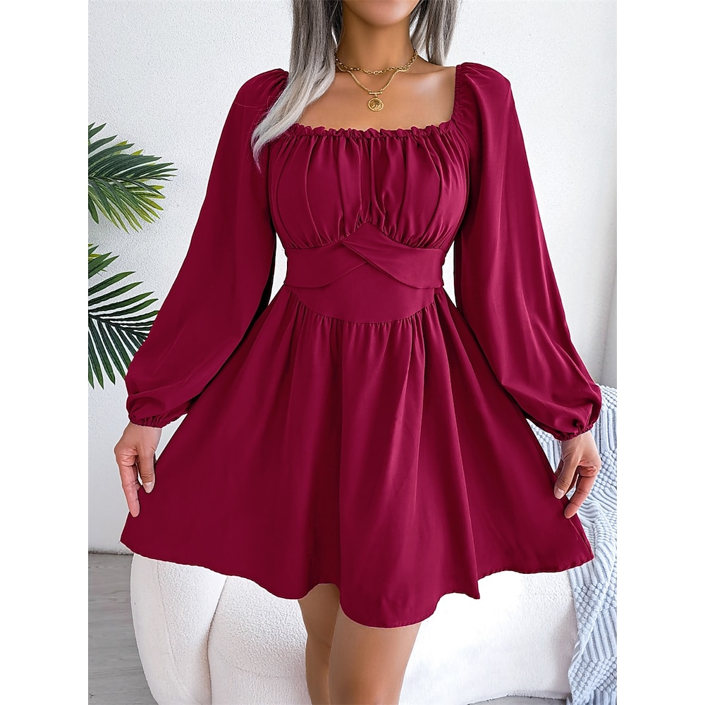 Damen Casual kleid A Linie Kleid Elegant Kuschelig Stilvoll Glatt Minikleid Langarm Laternenärmel U-Ausschnitt Elastische Taille Regular Fit Urlaub Party Täglich Weiß Wein Blau Sommer Frühling Herbst Lightinthebox