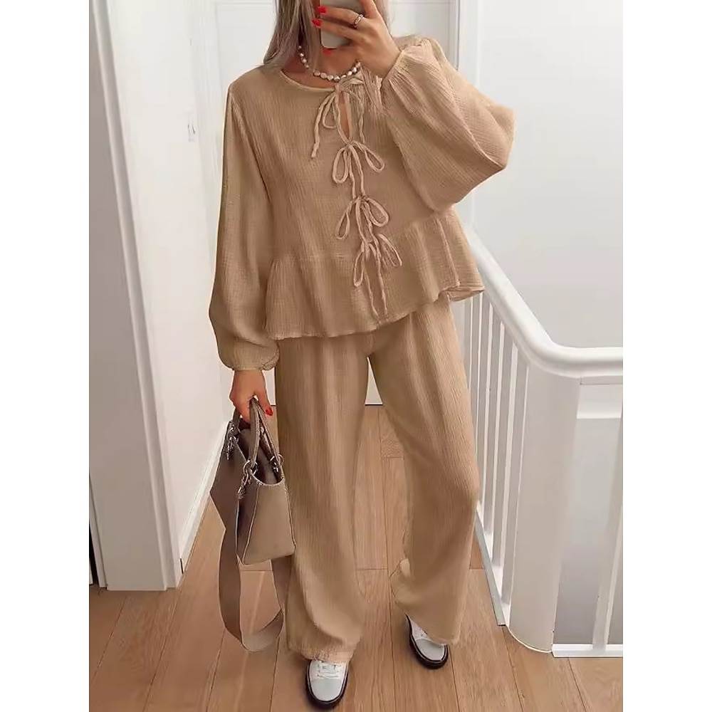 Damen Hemd Bluse Modisch Strassenmode Täglich Glatt Langarm Rundhalsausschnitt Rüsche Regular Fit Casual Täglich Schwarz Khaki Beige Frühling Herbst Lightinthebox