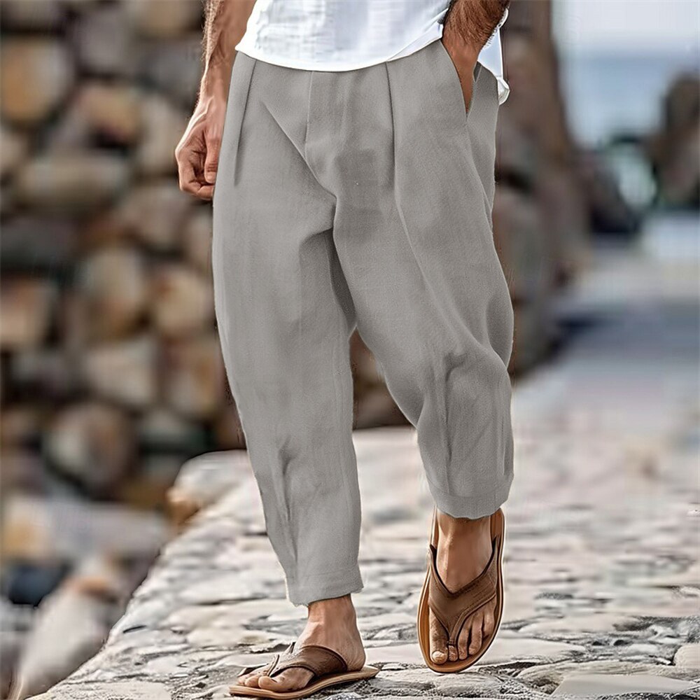 Herren Hose Hosen Sommerhosen Karottenhose mit schmal zulaufendem Schnitt Strandhose Vordertasche Falten Glatt Komfort Atmungsaktiv Casual Täglich Festtage Modisch Strassenmode Schwarz Weiß Lightinthebox