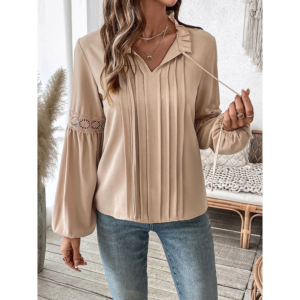 Damen Hemd Bluse Basic Brautkleider schlicht Feste Farbe Normale Oberteile Langarm Rollkragen Rüsche Regular Fit Täglich Khaki Sommer Frühling Lightinthebox