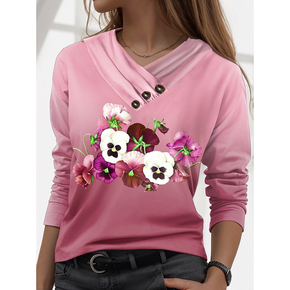 Damen T Shirt Stilvoll Brautkleider schlicht Blumen Normale Oberteile Langarm V Ausschnitt Knopf Bedruckt Regular Fit Täglich Rosa Purpur Herbst Winter Lightinthebox