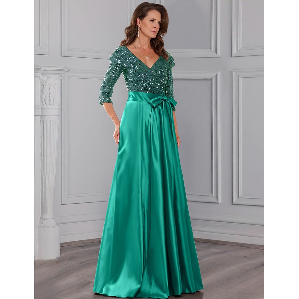 A-Linie Brautmutterkleid Elegant luxuriös Strahlend Funkelnd Hemdkragen Boden-Länge Satin Glitzer-Spitze Halbe Ärmel mit Plissee Drapiert 2024 Lightinthebox