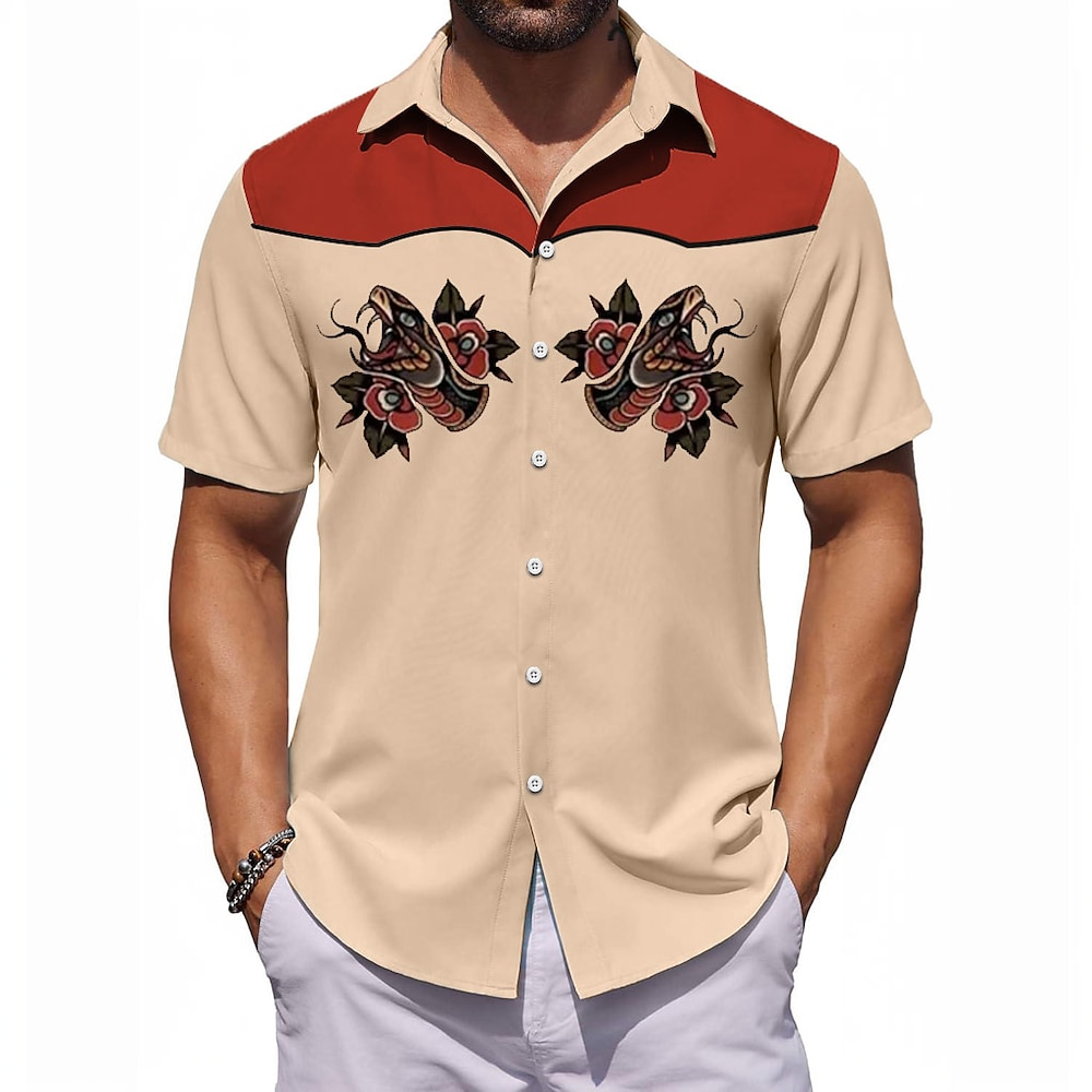 Herren Farbblock Schlange Lässiges Hemd Bowling-Shirt Kurzarm Künstlerisch Abstrakt Normal Casual Frühling Herbst Umlegekragen Knopf hoch Beige Lightinthebox