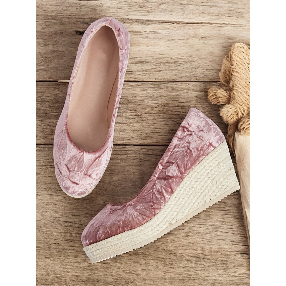 Espadrilles-Keilschuhe aus rosa Samt für Damen, lässige Slip-On-Plateau-Flats für den Sommer und den Alltag Lightinthebox