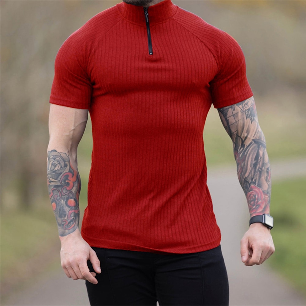 Herren T-Shirt Kurzarm Viertel Postleitzahl T-Shirt Muskel-T-Shirt Kurzarm-Shirt Außen Schnelltrocknend Trainieren Weich Schweißableitend Polyester Schwarz Armeegrün Rot Fitnessstudio Klettern Lightinthebox