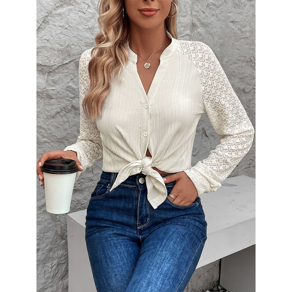 Damen Hemd Bluse Basic Brautkleider schlicht Feste Farbe Normale Oberteile Langarm Gekerbter Hals Knopf Regular Fit Arbeit Täglich Beige Sommer Frühling Lightinthebox