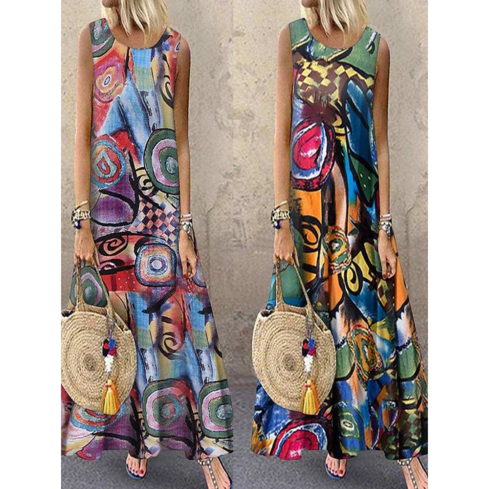 Damen Normal Baumwoll-Leinenkleid Elegant Vintage Graphic Maxidress Ärmellos Rundhalsausschnitt Patchwork Regular Fit Strand Rote Grün Sommer Lightinthebox