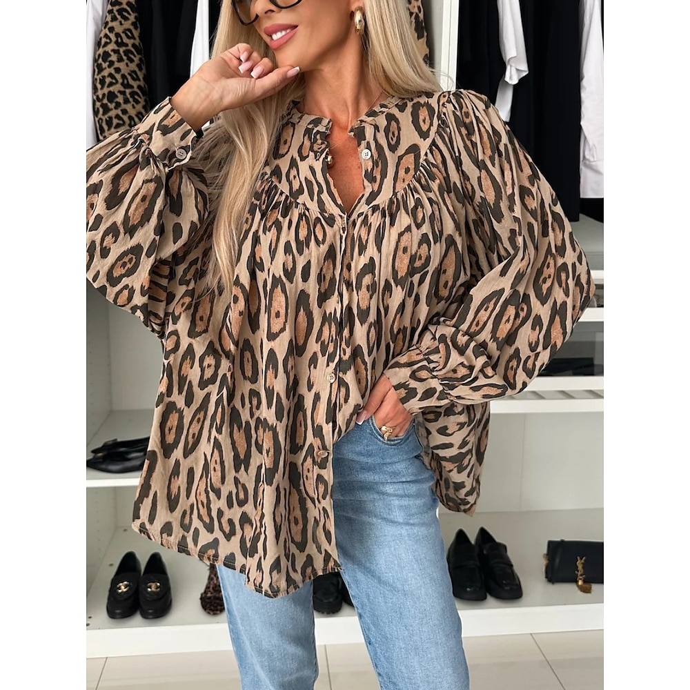 Damen Hemd Bluse Brautkleider schlicht Geometrisch Normale Oberteile Langarm Rollkragen Knopf Bedruckt Regular Fit Täglich Weiß Gelb Herbst Winter Lightinthebox