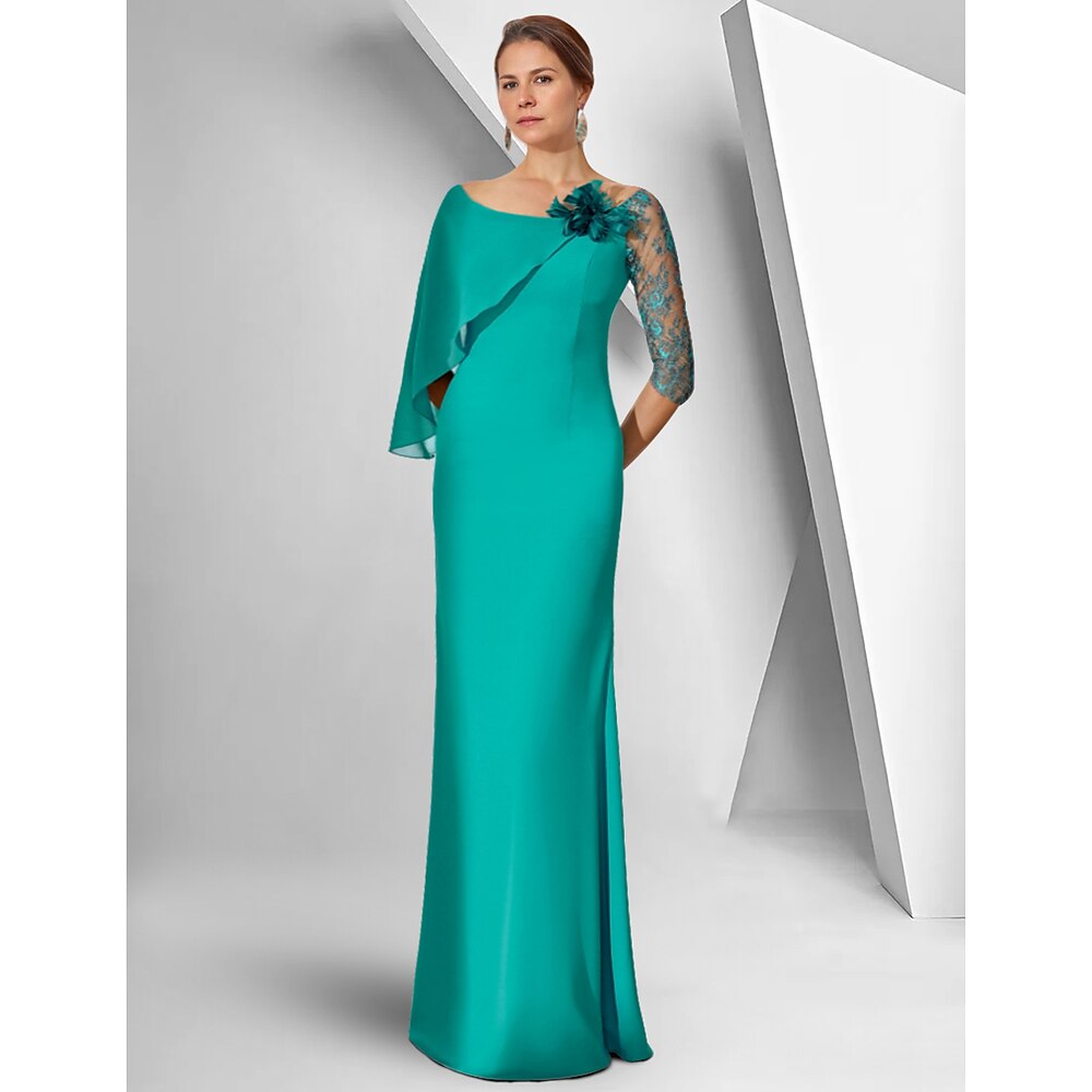 Eng anliegend Kleid Brautmutterkleid Elegant Halsboot Boden-Länge Chiffon 3/4 Ärmel mit Spitze Einheitliche Farbe 2024 Lightinthebox