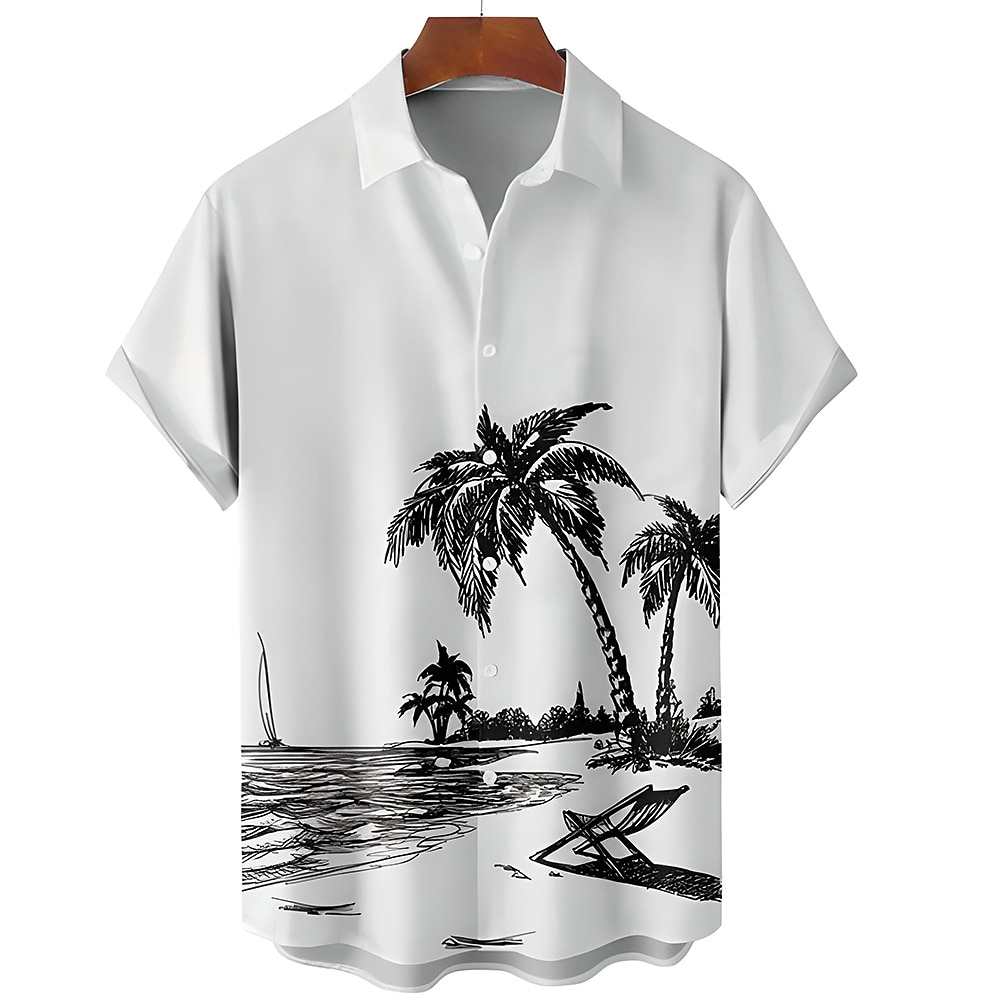 Herren Nautisch Kokusnuss-Palme Lässiges Hemd Aloha-Shirt Kurzarm Hawaiianisch Resort Urlaub Normal Casual Sommer Frühling Umlegekragen Knopf hoch Weiß Lightinthebox