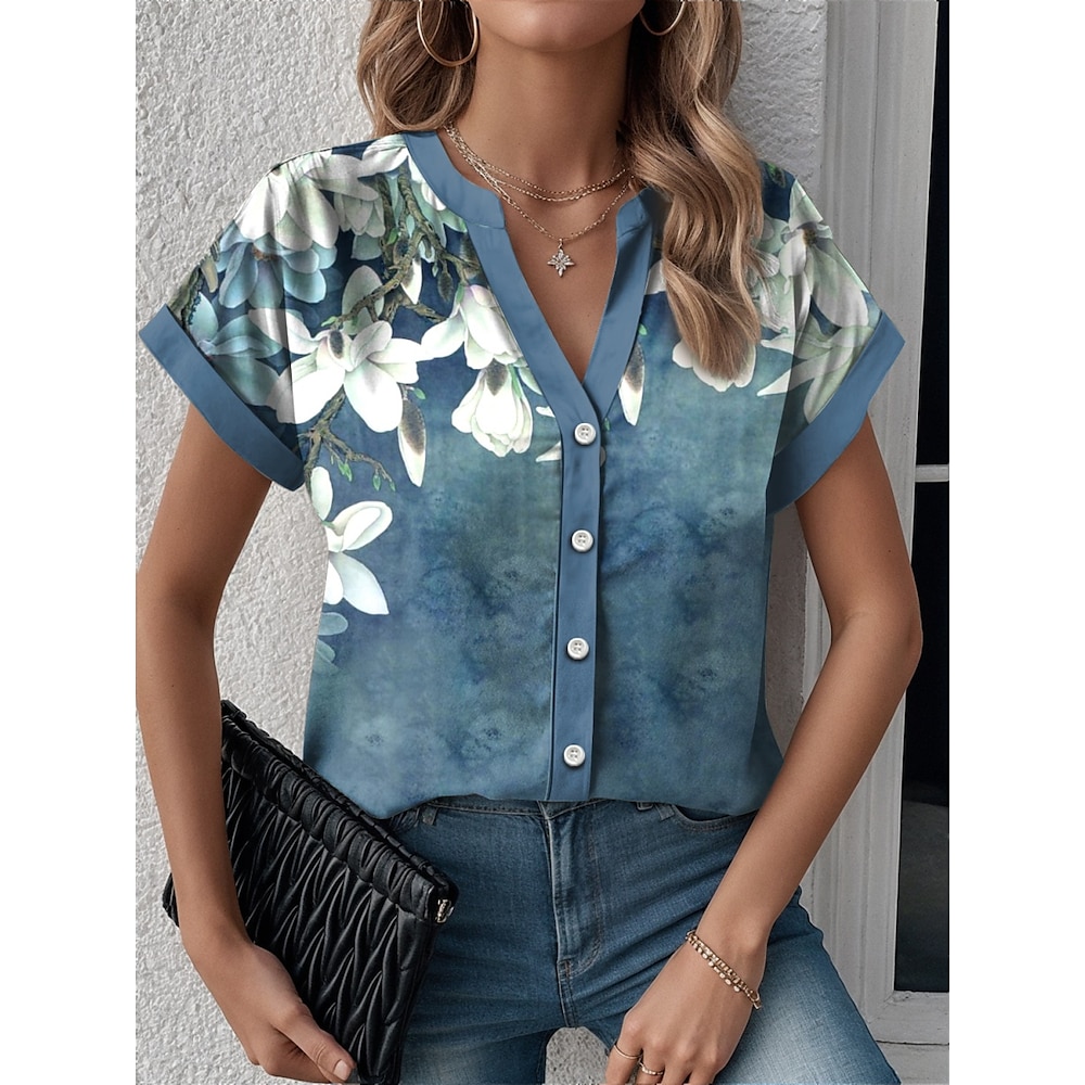 Damen Hemd Bluse Modern Brautkleider schlicht Blumen Normale Oberteile Kurzarm Gekerbter Hals Knopf Bedruckt Regular Fit Arbeit Täglich Blau Sommer Frühling Lightinthebox