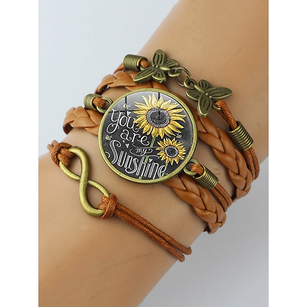 Kunstlederarmband mit Sonnenblumen-Anhänger, geflochtenem Design und inspirierendem Zitat - Schmuck im Boho-Stil für Frauen, perfekt als Geschenk und für die Freizeit Lightinthebox