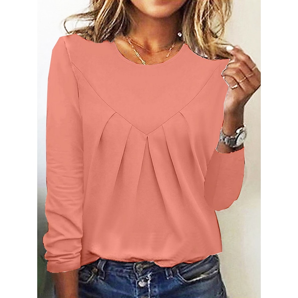 Damen Hemd Bluse Basic Brautkleider schlicht Feste Farbe Normale Oberteile Langarm Rundhalsausschnitt Rüschen Regular Fit Täglich Schwarz Rosa Grau Frühling Herbst Lightinthebox