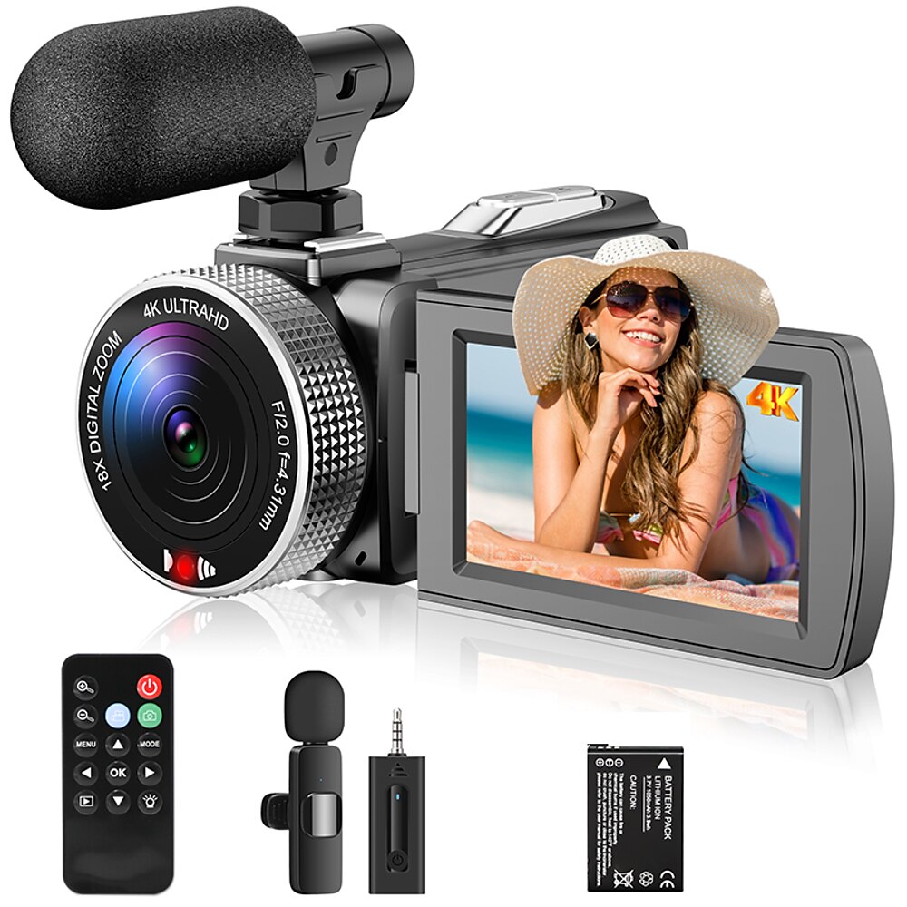 Videokamera Camcorder zur Aufnahme DV-Klappbildschirm 16-fach digitaler Zoom 4K UHD Reisekamera Digicam mit externem Mikrofon Selfie-Fernbedienung Lightinthebox