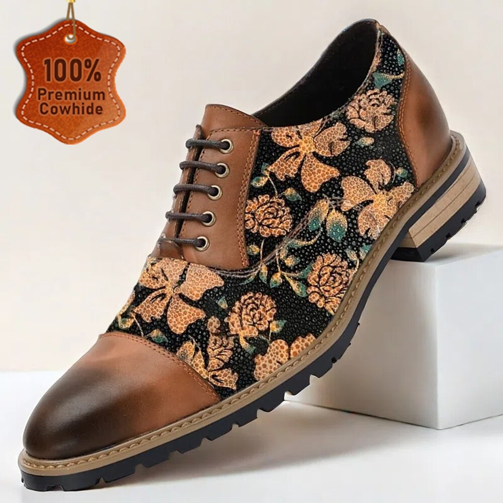 Oxford-Schnürschuhe aus hochwertigem Rindsleder mit Blumenmuster für Herren mit braunen Lederakzenten, stilvolles Freizeitschuhwerk für Modebegeisterte und Frühlings-/Sommer-Events Lightinthebox