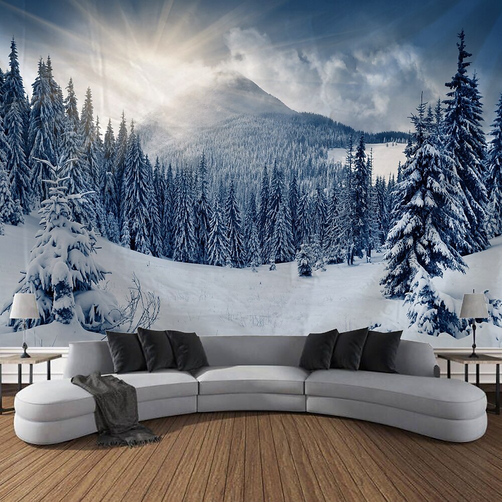 Winterwunderland Wandteppich Wanddekoration großer Wandteppich Wandbild Dekor Fotografie Kulisse Decke Vorhang Haus Schlafzimmer Wohnzimmer Dekoration Schneewald Lightinthebox