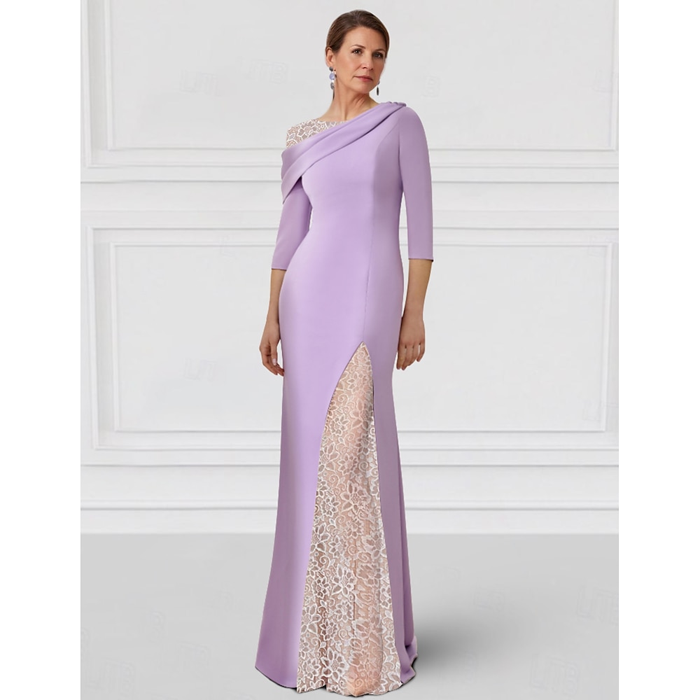 A-Linie Kleid Brautmutterkleid Elegant Schmuck Boden-Länge Stretchstoff 3/4 Ärmel mit Spitze Einheitliche Farbe 2024 Lightinthebox